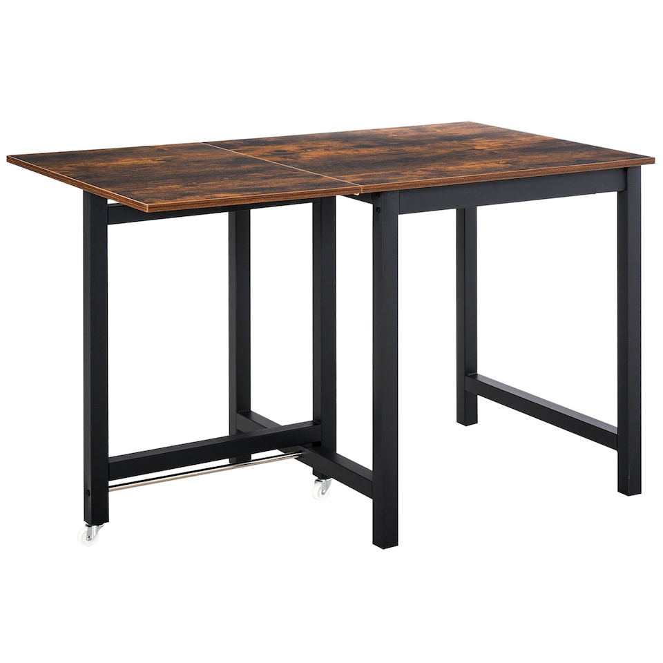 image 1 of HOMCOM Folding Dining Table, Industrial Drop Leaf Table with Wheels and Metal Frame for Kitchen, Dining Room, Space Saving, Rustic Brown