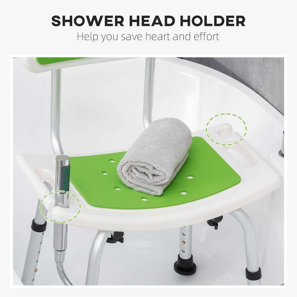image 1 of HOMCOM Shower Chair for the Elderly and Disabled, 6-Level Height Adjustable Shower Stool with Backrest, Curved Seat, Anti-slip Foot Pads and Shower Head Holder, Green