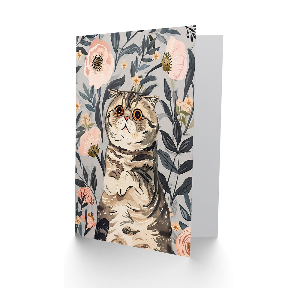 image 1 of Greeting Card Cat Lover Cute Scottish Fold with Pink Poppies Get Well