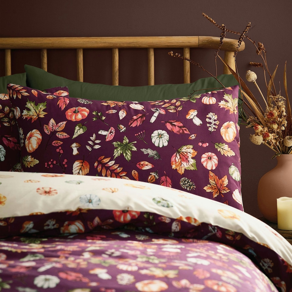 image 1 of Catherine Lansfield Autumn Pumpkins Reversible Duvet Cover Set Plum | Purple | Plum | Double