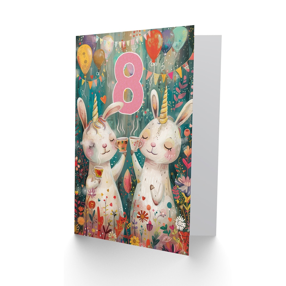 image 1 of Cute Bunny Unicorn 8th Birthday Card for Kids Son or Daughter