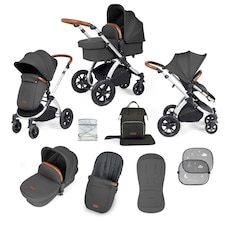 Stomp Luxe 2-in-1 Pram – Birth to Approx. 4 Years, Foldable, All-Terrain, Rain Cover, Footmuff, Puncture-Proof Wheels & More (Silver/Charcoal Grey/Tan)