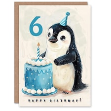 6th Cute Baby Penguin Cake Cartoon Kids Age 6 Year Old Child Birthday Card
