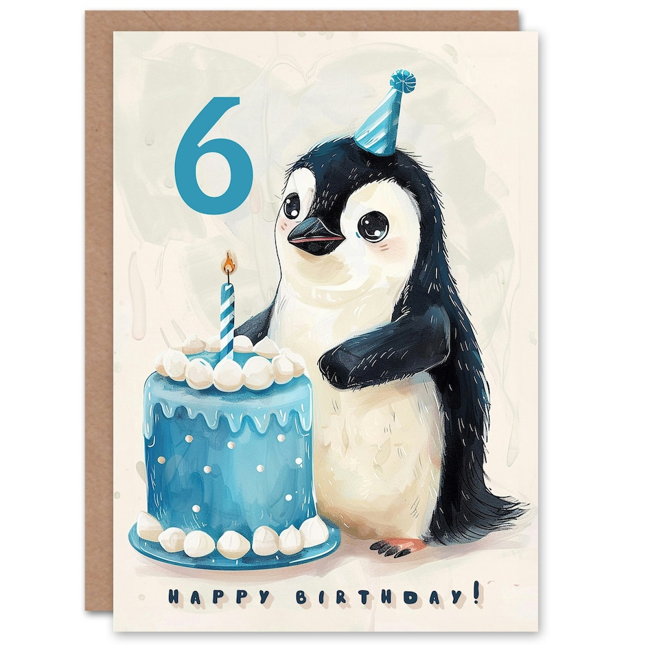 image 1 of 6th Cute Baby Penguin Cake Cartoon Kids Age 6 Year Old Child Birthday Card