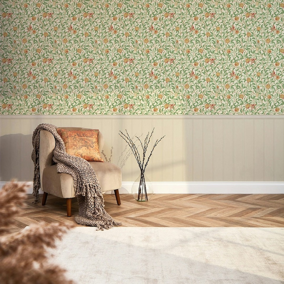 Sample of Beauty Of Nature Panel Wallpaper in Sage Green on Cream with Cream Panel Multi