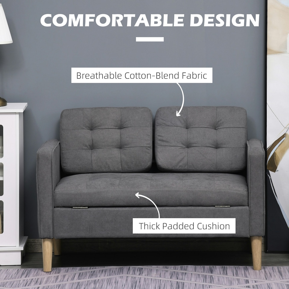 image 1 of HOMCOM Compact 2 Seater Sofa with Hidden Storage and Rubberwood Legs Grey