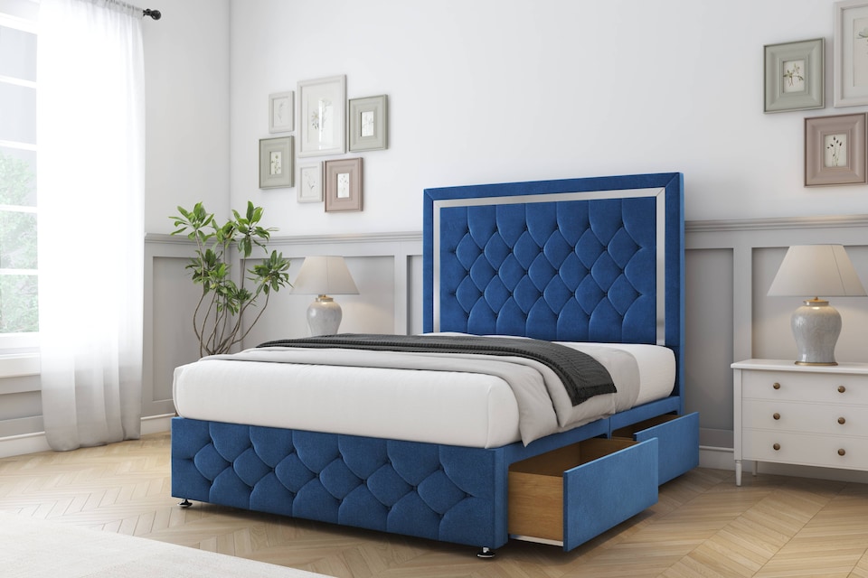 image 1 of Sloomy Sofia Chrome Navy Plush Divan Bed With Mattress 2 Drawers Left Side With 26" Strutted Headboard & 12" Matching Footboard 3' Single | Blue | Navy | Single | 1
