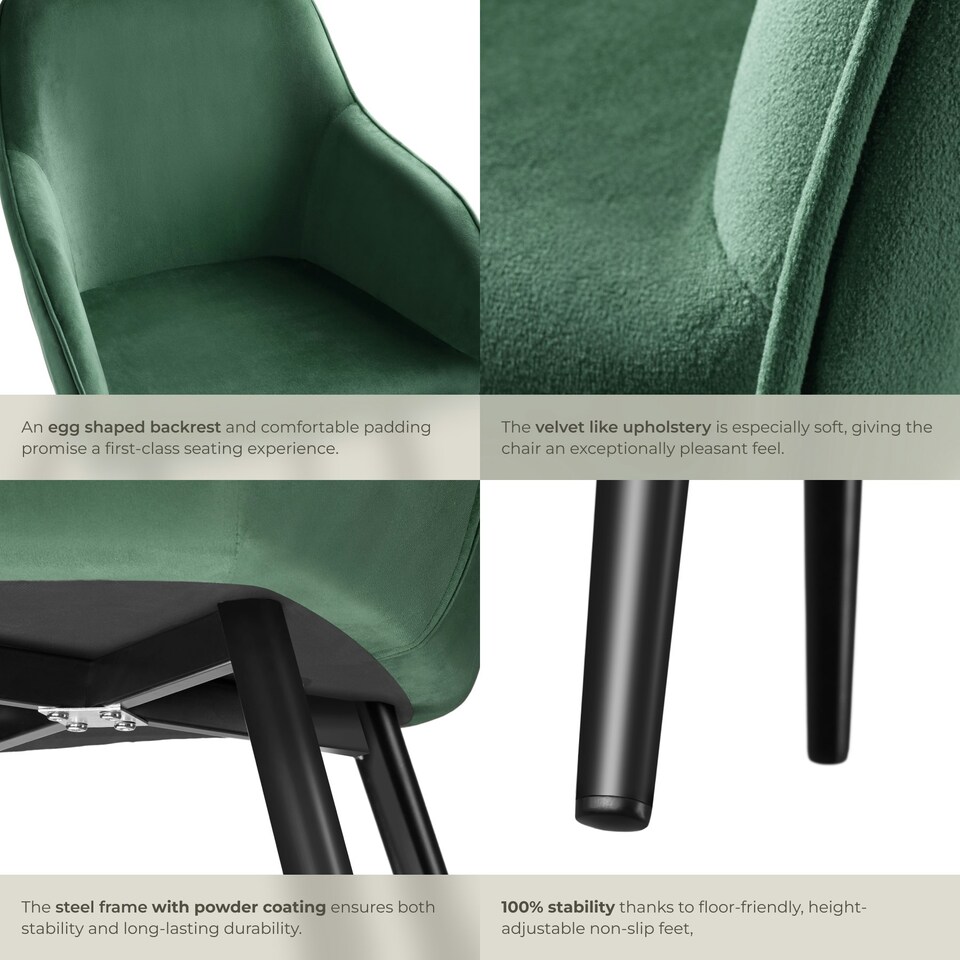 image 1 of Dining Chair Marilyn - with armrests, padded, velvet look, black steel legs - Set of 2 Green | Dark Green/Black