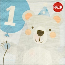 Creative Party 2 Ply Bear 1st Birthday Napkins (Pack of 16) - White/Blue - One Size Multi