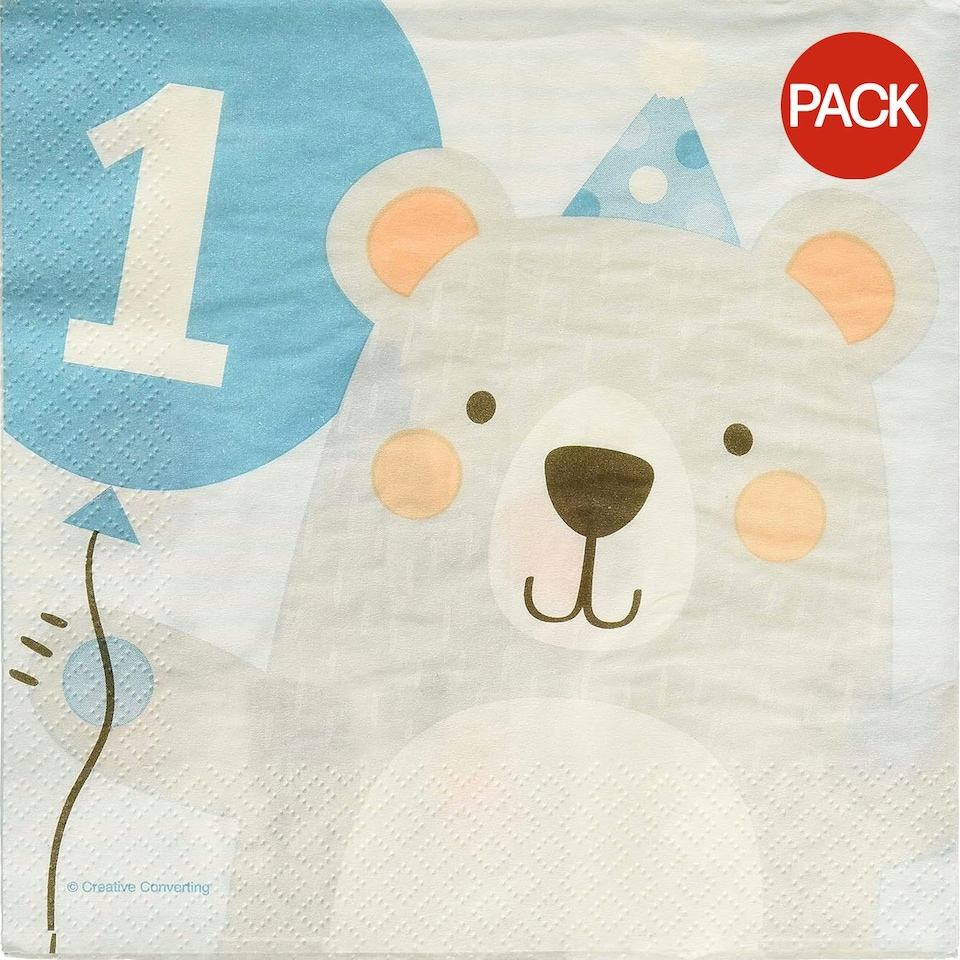 Creative Party 2 Ply Bear 1st Birthday Napkins (Pack of 16) - White/Blue - One Size Multi