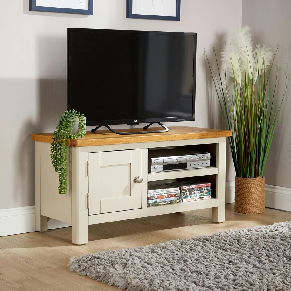 image 1 of Ramsgate Small TV Stand 1 Door Media Storage Cabinet Solid Wood Unit Home Grey Grey