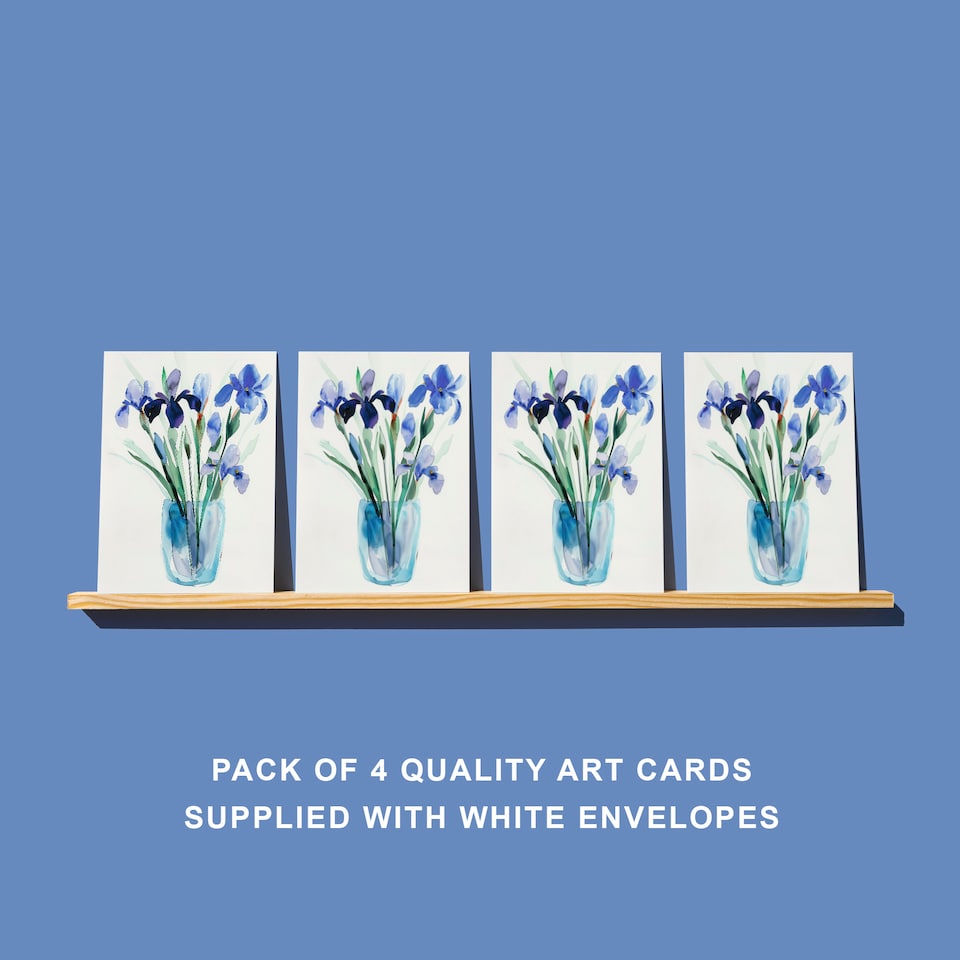 image 1 of Blue Iris Flowers Watercolour Art Cards Pack of 4 Floral Bouquet Greeting Cards