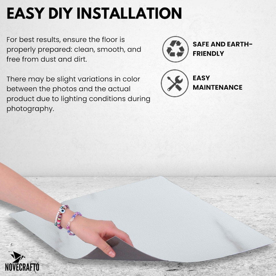 image 1 of NOVECRAFTO Vinyl Floor Tiles Self Adhesive – 18x18in Peel and Stick Waterproof Square Flooring for Kitchen, Bathroom & More – White Marble Design White | 2.09 sqm