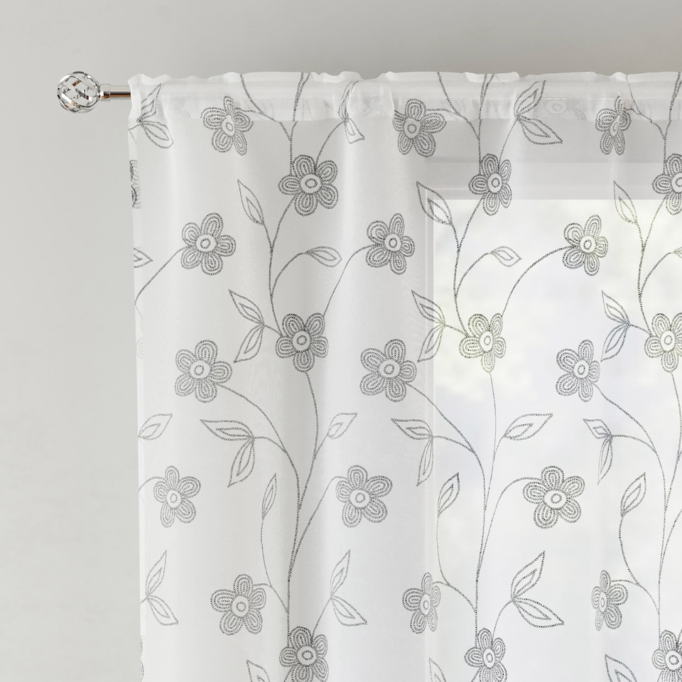 image 1 of Pair of Sienna Grey Floral Paste Print Patterned Voile Panels with Rod Pocket Header 183 CM