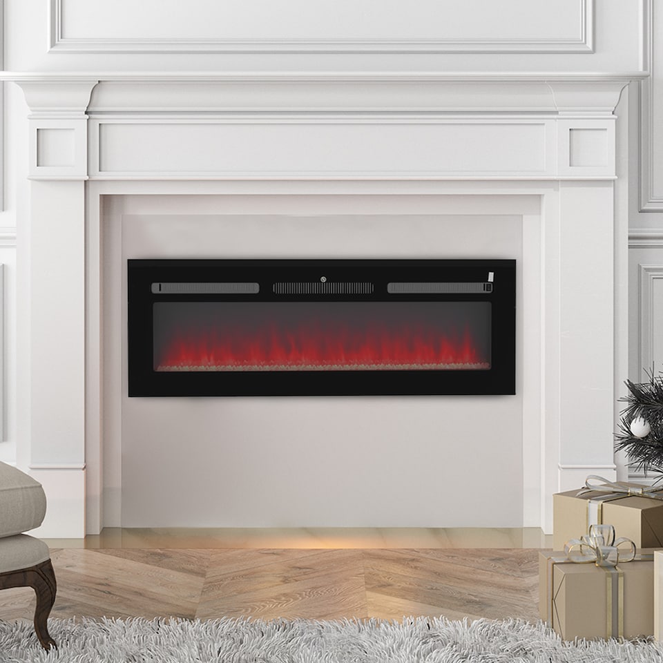 image 1 of HOMCOM 127cm50 Electric Fireplace, 2000W Recessed and Wall Mounted Electric Fire with Remote Control, 9 Flame Colour and Crystal, Black