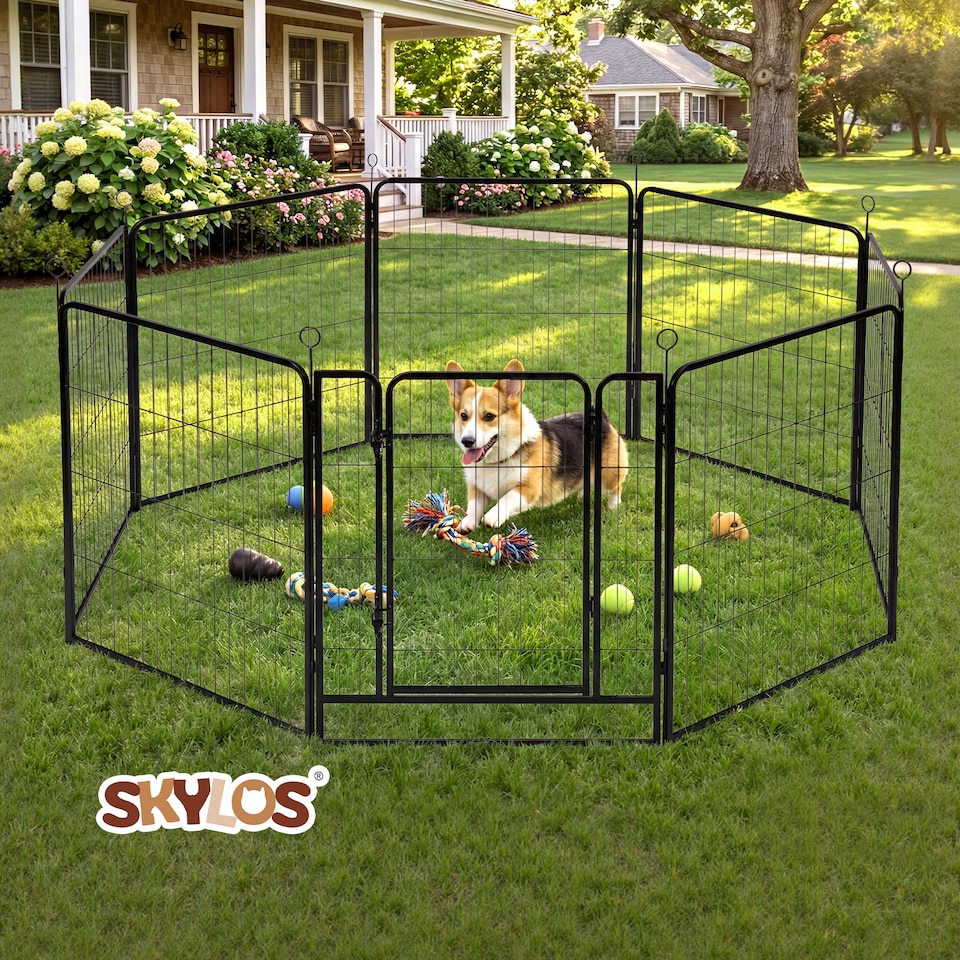 image 1 of Skylos Dog Pen 8 Panel Steel Playpen Foldable Indoor Outdoor Pet Enclosure Black