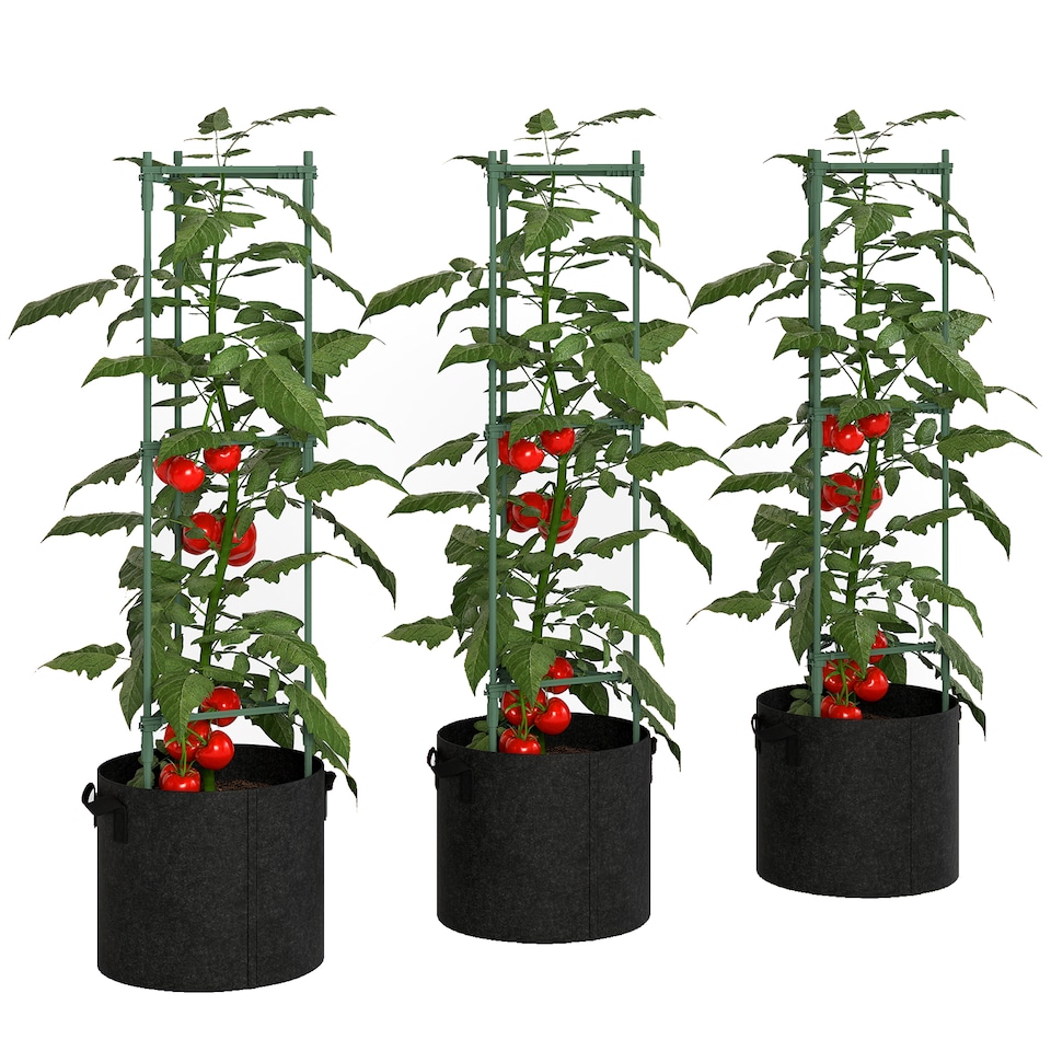 image 1 of Outsunny 3 Packs Tomato Cages with 83.7L Grow Bags, 120cm Plant Stakes | Green | Green