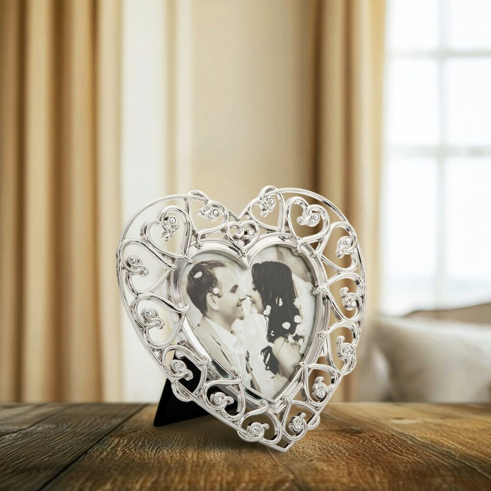 image 1 of Heart Themed 4x4 Silver Picture Frame with Small Diamante Crystals Silver | One Size