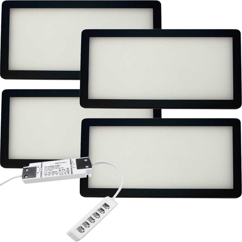 4x Matt Black Ultra-Slim Under Cabinet Kitchen Light Kit with Natural White LED & 20W Driver