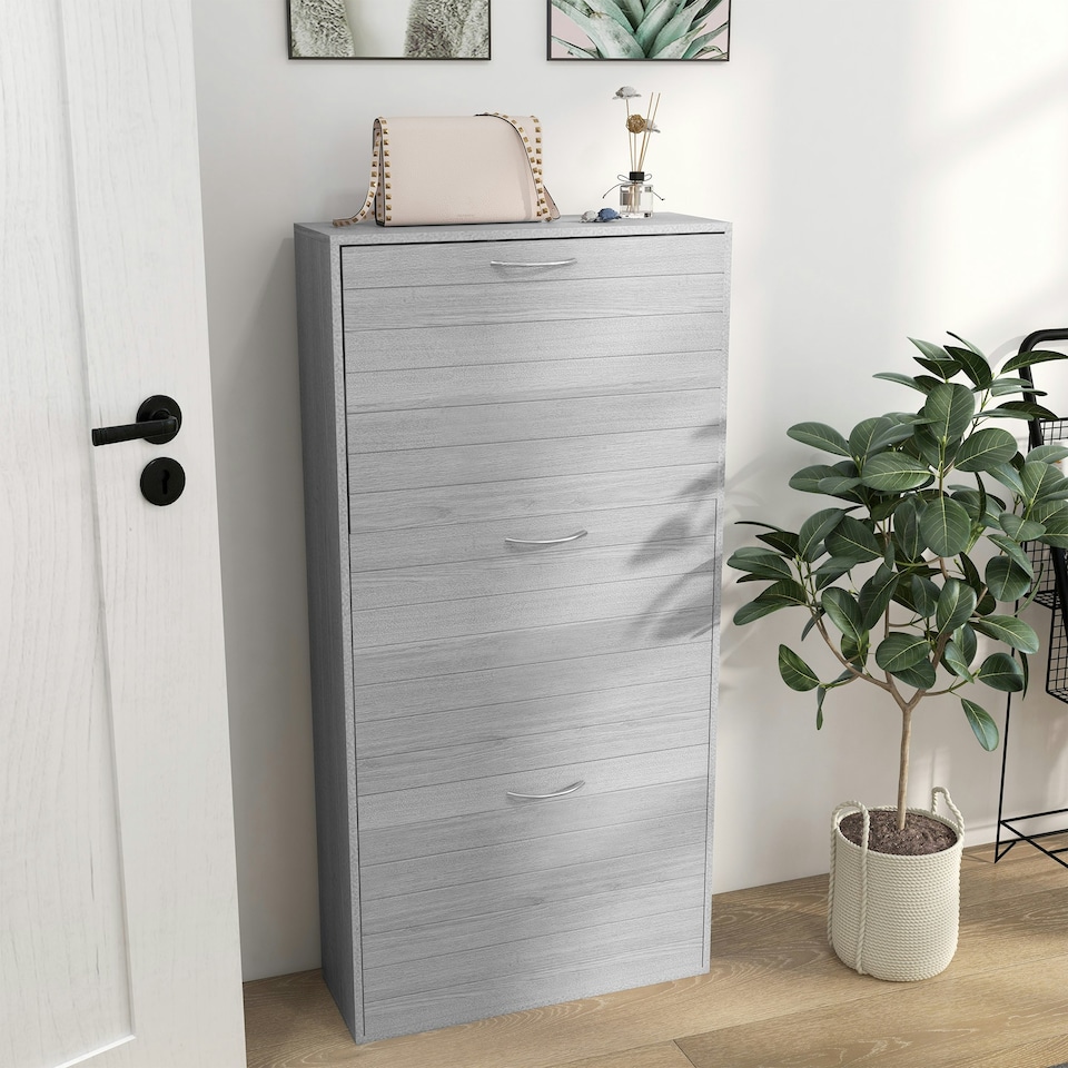 image 1 of HOMCOM Slim Shoe Storage Cabinet with 3 Flip Drawers, Grey
