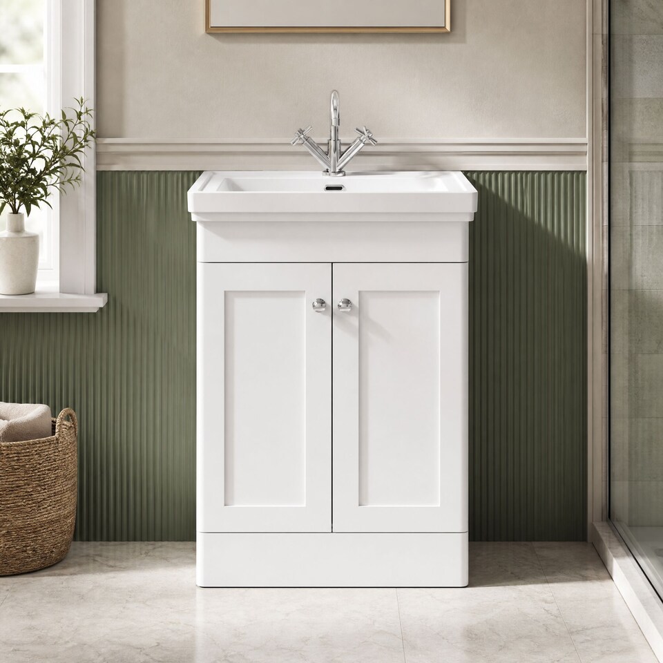 image 1 of Balterley Classic Traditional Bathroom Floor Standing 2-Door Vanity Unit & Fireclay Basin | White | Satin White