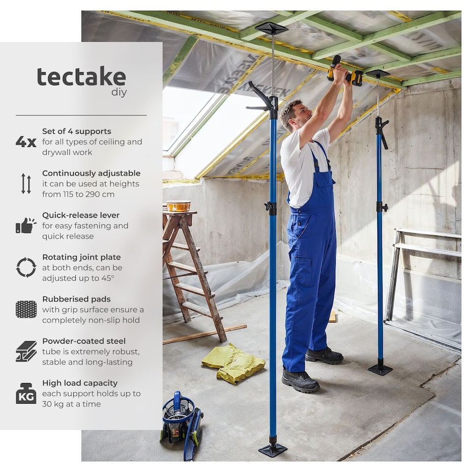 image 1 of Plasterboard Props Set of 4 Adjustable Ceiling Support Shore Holder 115 up to 290 cm | Blue | blue | 20 x 8 x 115 cm | 4