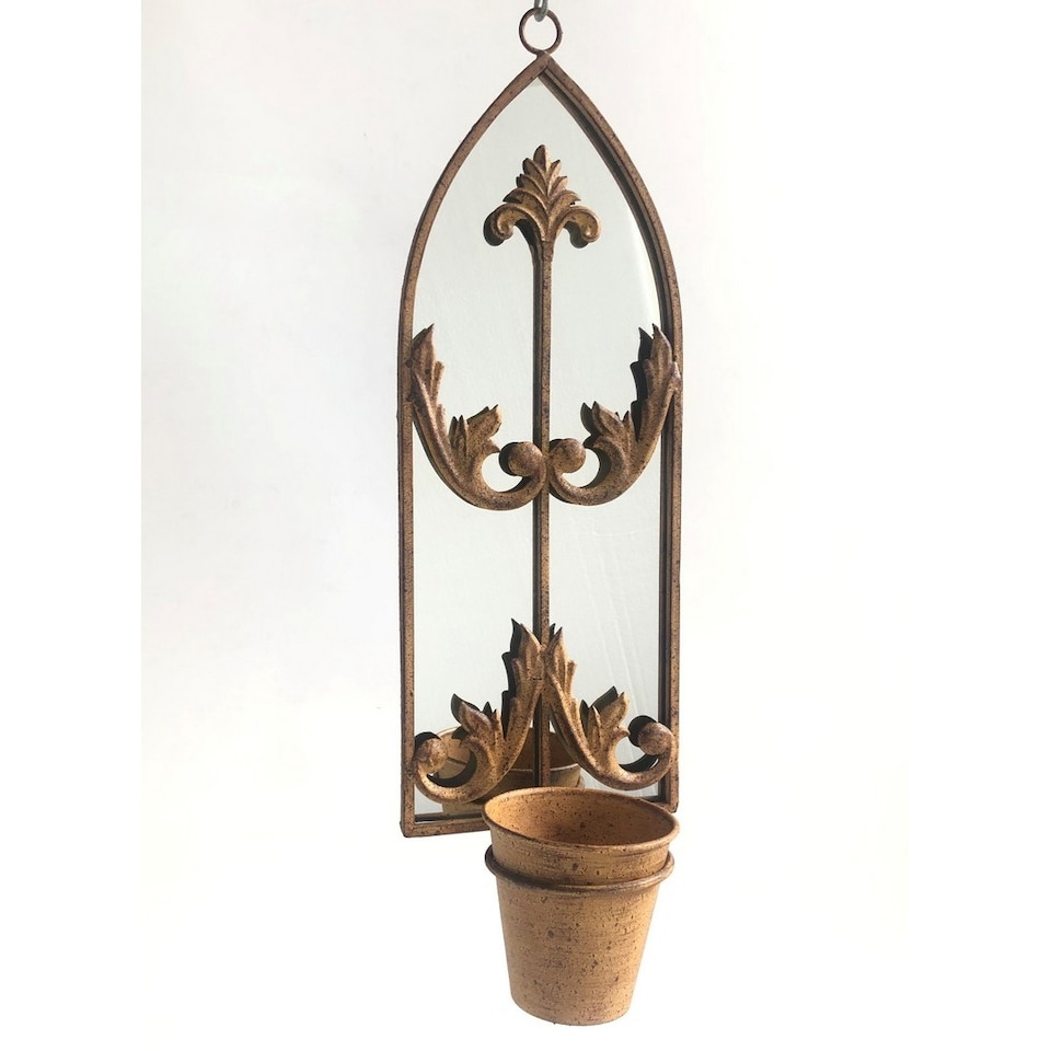 image 1 of Wall Mirror with Single Planter - Metal - L15 x W20 x H60 cm - Rusty