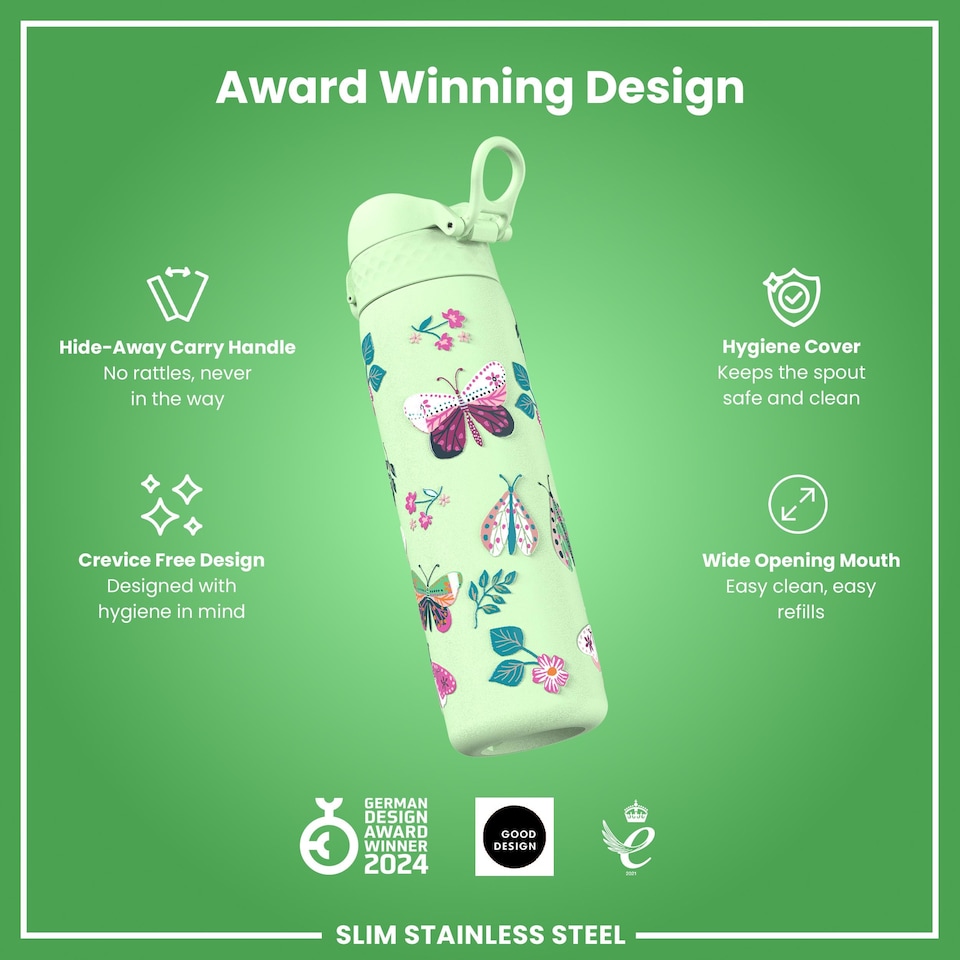 image 1 of Leak Proof Slim Water Bottle, Stainless Steel, 600ml (20oz)