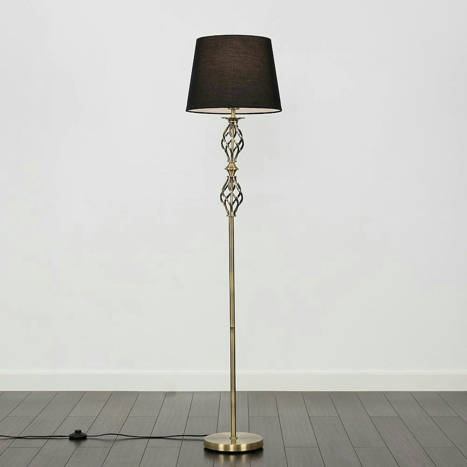 image 1 of ValueLights Pembroke Brushed Gold Floor Lamp with Medium Black Tapered Shade