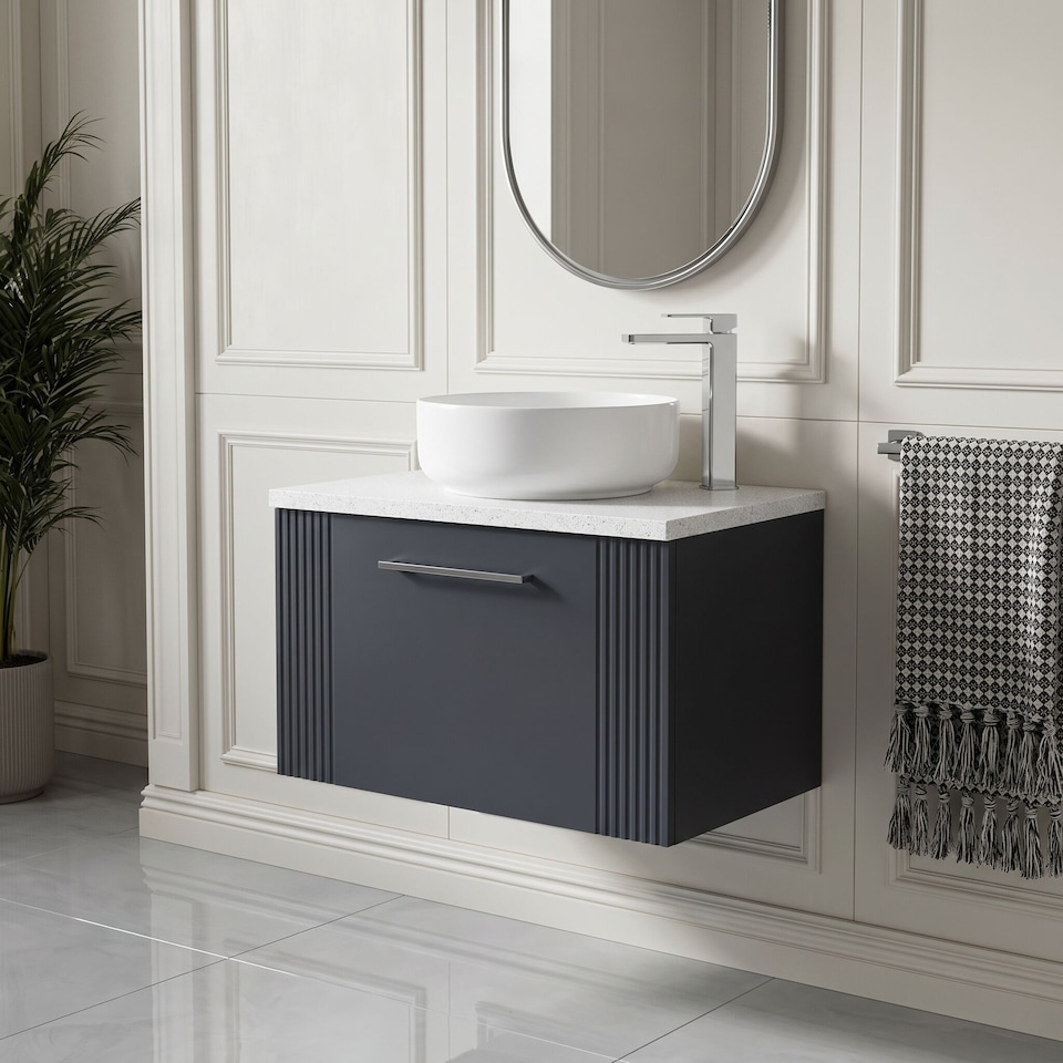 image 1 of Balterley Partial Fluted 1 Drawer Wall Hung Vanity Unit with Sparkling Laminate Worktop | Grey | Satin Soft Black