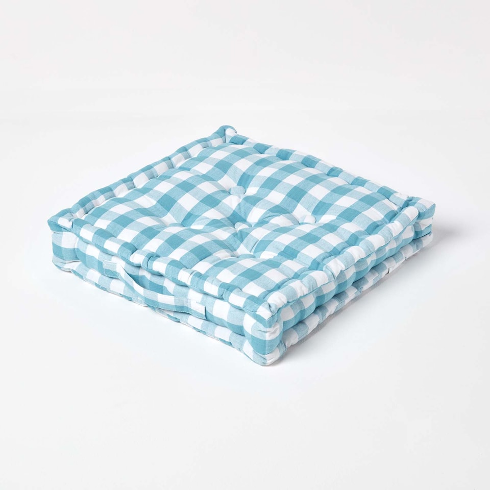image 1 of Homescapes Blue Block Check Cotton Gingham Floor Cushion - 40 x 40 cm | Blue | 40 x 40 cm