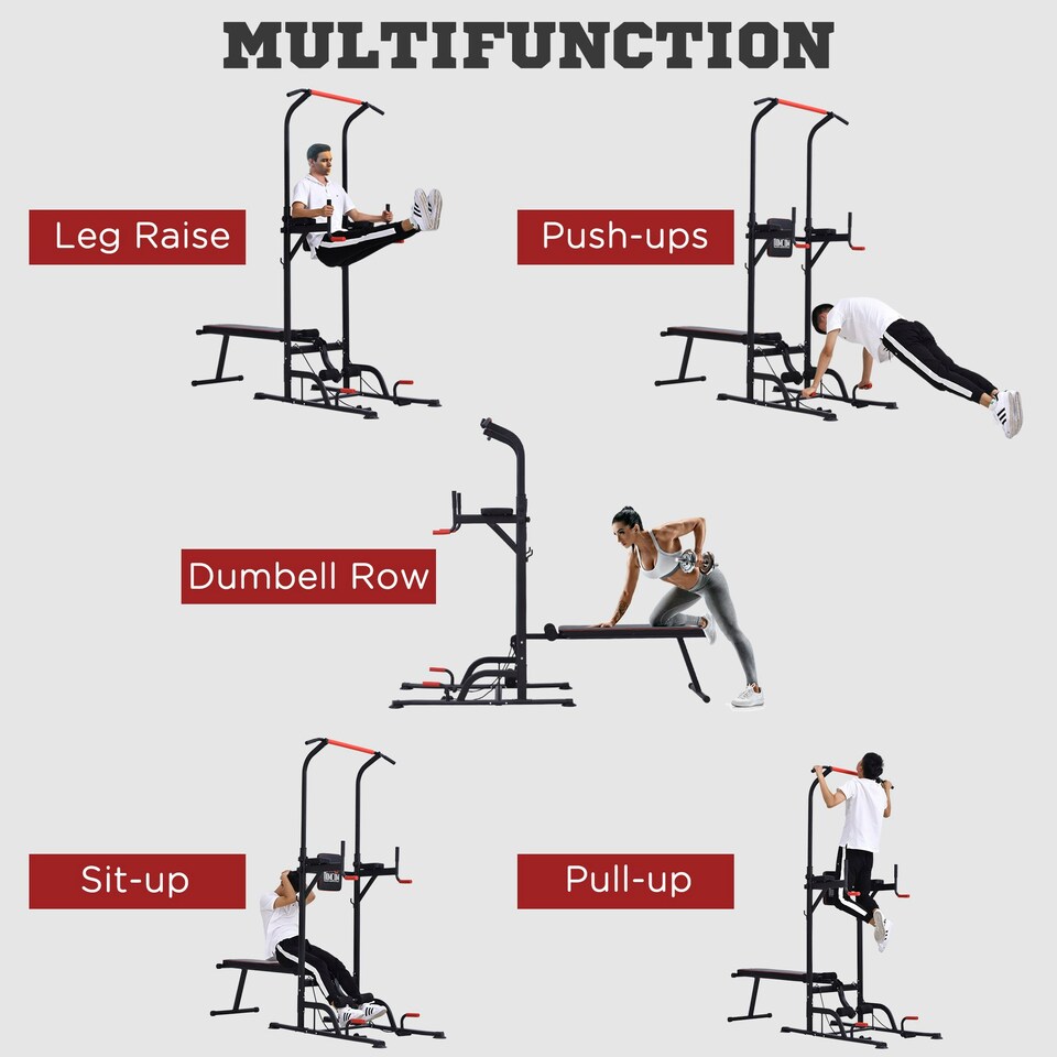 image 1 of HOMCOM Multifunction Home Workout Station Tower Steel Frame w/ Bench Bars Ropes