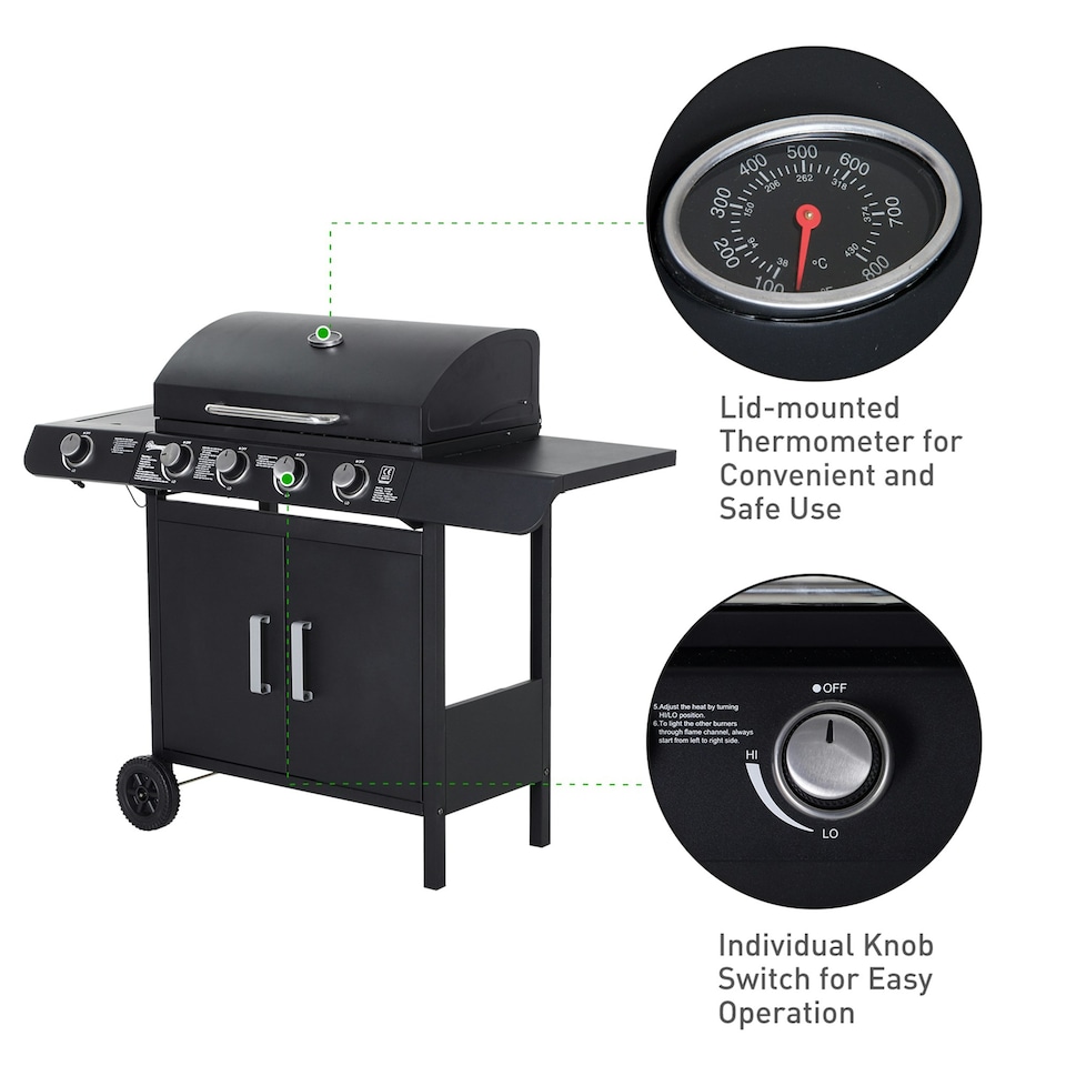image 1 of Outsunny Gas BBQ Grill 4 + 1 Stainless Steel Burner Garden Barbecue Cooker