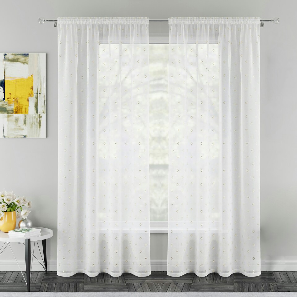 image 1 of Pair of Destiny Gold Metallic Diamond Print Voile Panels 183 cm (72 inch) Rod Pocket Panels for Bedroom and Living Room