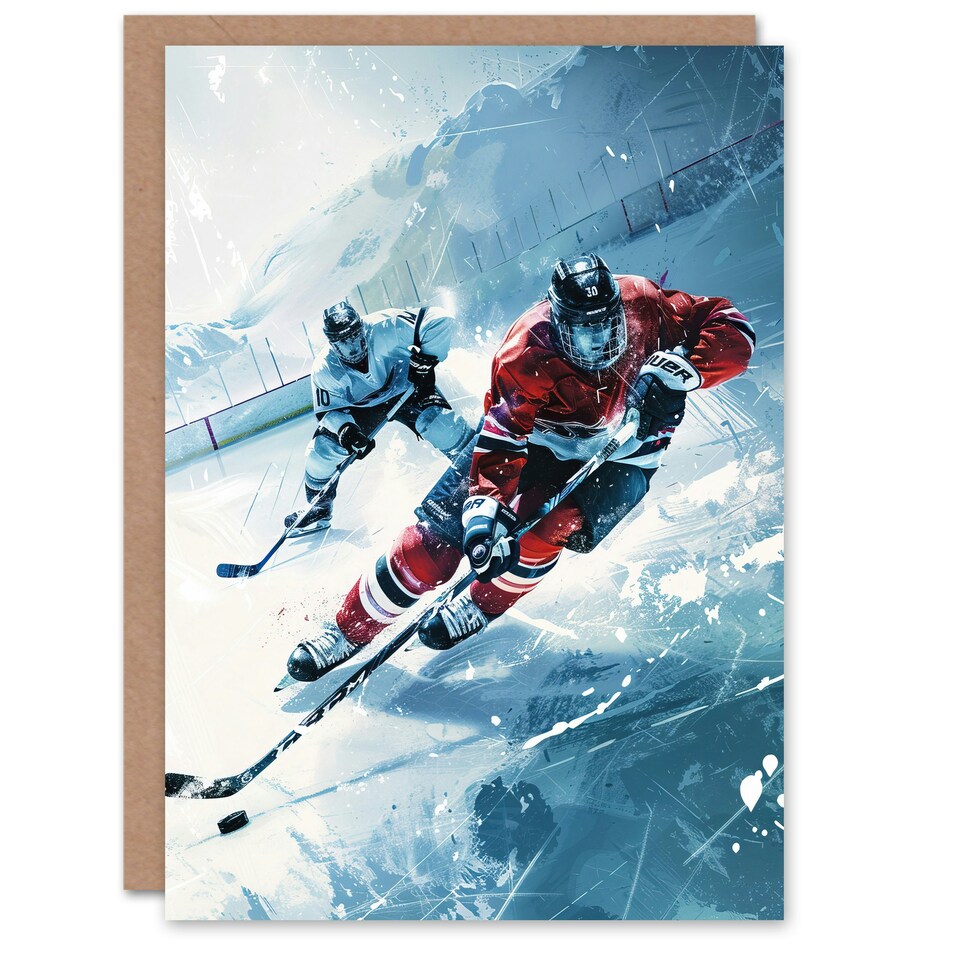 image 1 of Ice Hockey Players Game Oil Painting Winter Birthday Card