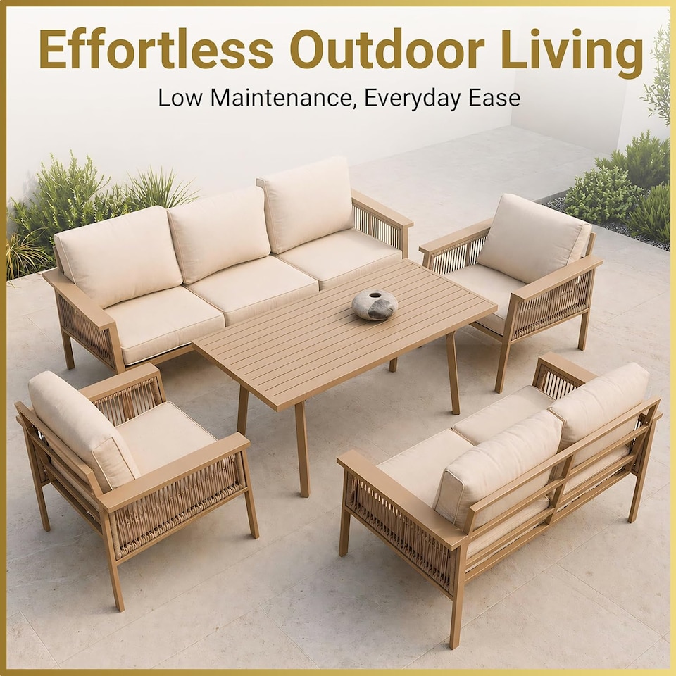 image 1 of Aluminium Garden Furniture Set 7 Seater Beige Outdoor Patio Sofa Set - Poly Rattan Rope Loveseat, Armchairs, Dining Table, Thick Cushions for Lounge Conservatory Balcony Seating