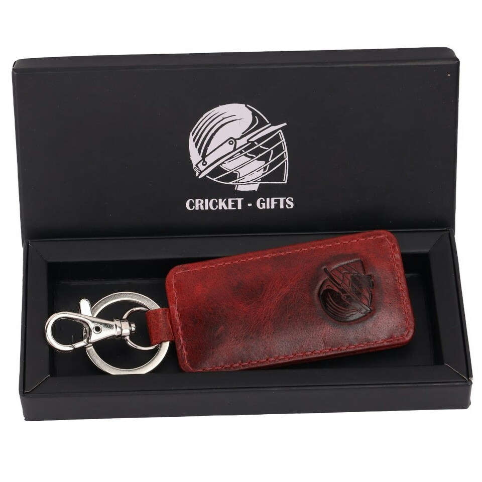 image 1 of CRICKET-GIFTS Buffalo Leather Key Fob | Genuine Cricket Leather | Durable & Elegant Design | Red Leather with White Stitching | Compact Size, Red