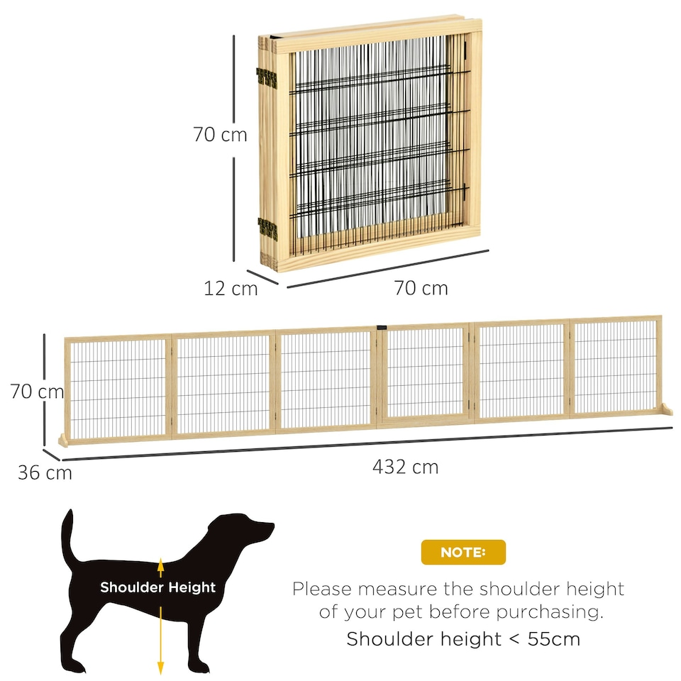 image 1 of PawHut Freestanding Pet Dog Gate, Six-Panel Foldable Wooden Playpen, 432cm
