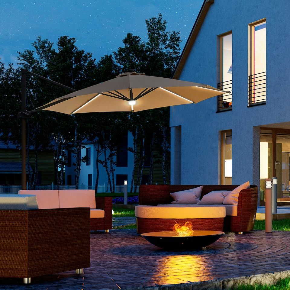 image 1 of Outsunny 3(m) LED Cantilever Parasol Outdoor with Base Lights Brown