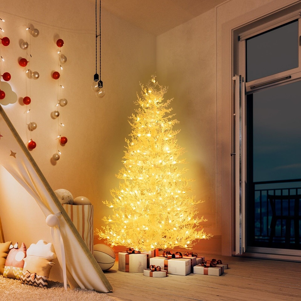 image 1 of COSTWAY 6FT Pre-lit Artificial Xmas Tree Hinged Christmas Tree with 383 Snow Branch