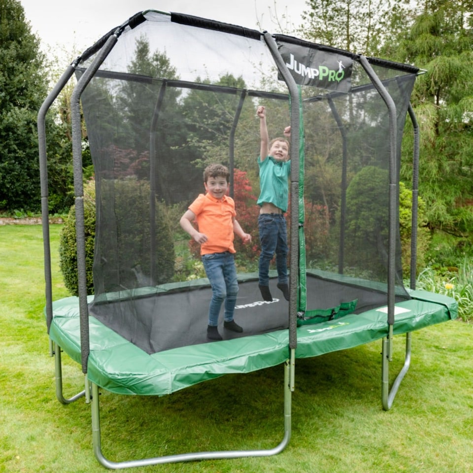 image 1 of 10ft x 7ft JumpPRO® Xcite Green Rectangular Trampoline with Enclosure