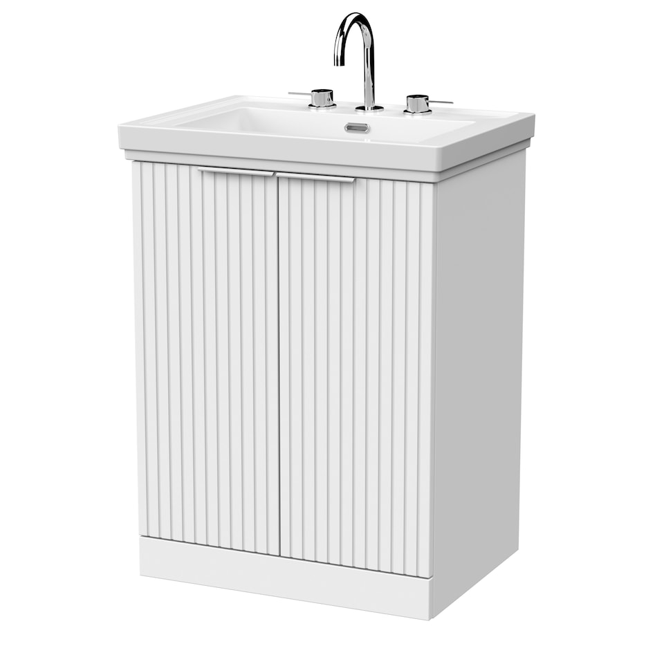 image 1 of Balterley Callingwood Contemporary Floor Standing 2 Door Vanity Unit with Traditional 3 Tap Hole Fireclay Basin , 600mm, Matt White