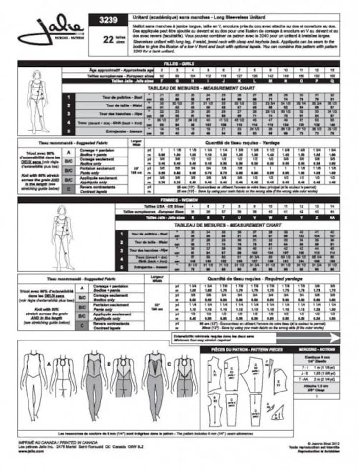 image 1 of Jalie 3239 Sleeveless Unitard Paper Sewing Pattern – Children’s, Teenagers’ & Women’s Leotards & Dancewear, 22 Sizes, Intermediate