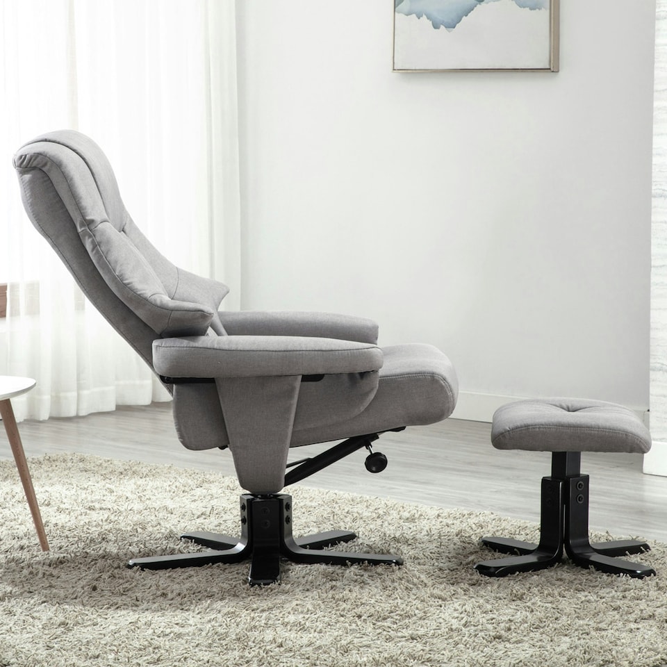 image 1 of Sorento Swivel Recliner Linen Fabric Chair w Footstool Armchair Grey (Grey)