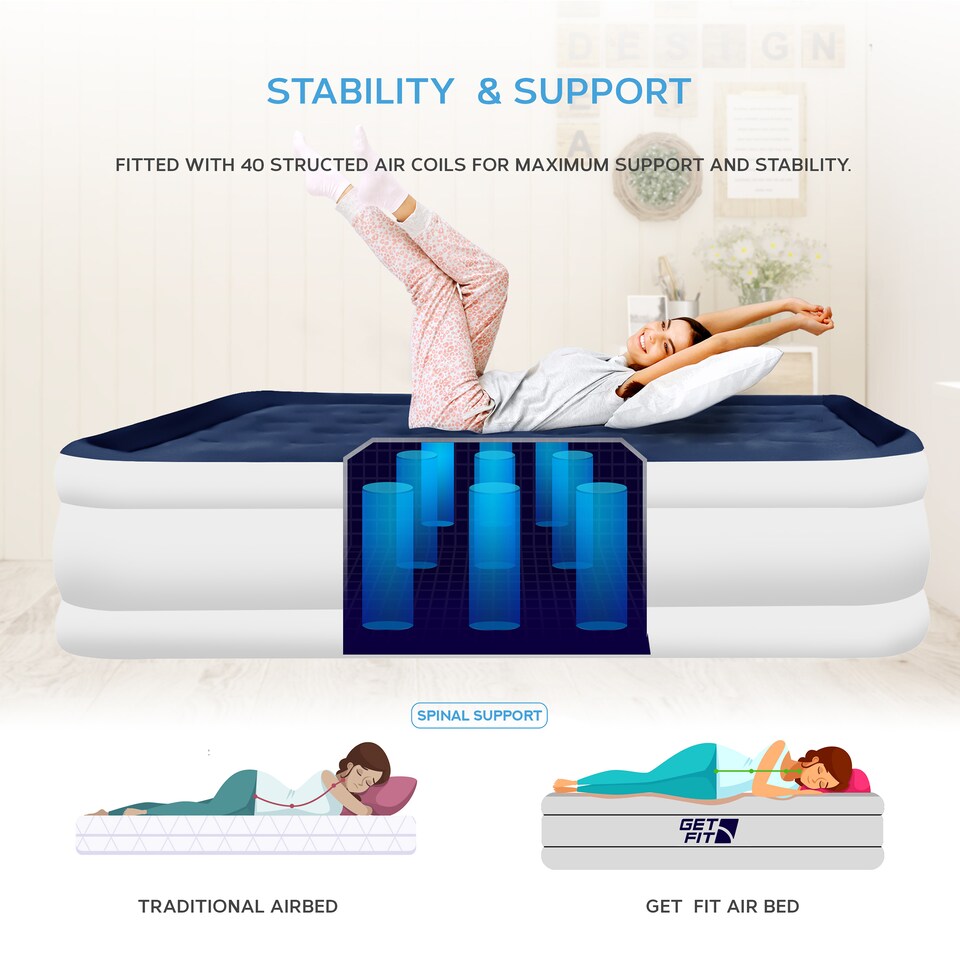 image 1 of Get Fit Air Bed With Built In Electric Pump - Premium King Size - Blow Up Bed With 2 X Free Pillows - Elevated Inflatable Air Mattress