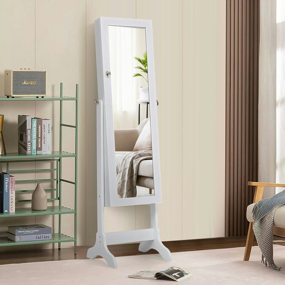 image 1 of COSTWAY Freestanding Jewelry Cabinet Lockable Armoire w/Mirror White
