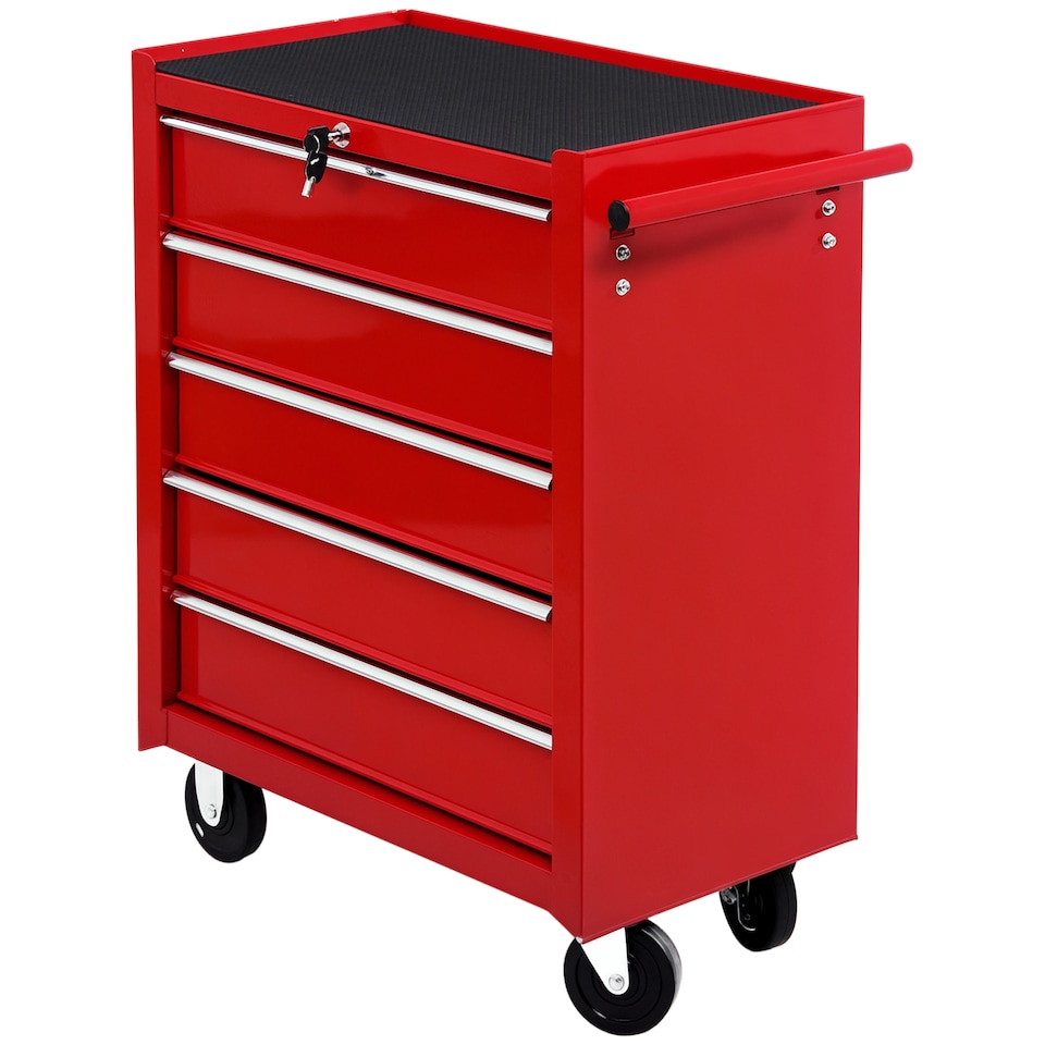 image 1 of HOMCOM 5 Drawer Tool Box, Lockable Steel Tool Chest on Wheels, Rolling Chest Cabinet with 5 Drawers and Handle for Workshop, Garage, Red | Red | 1