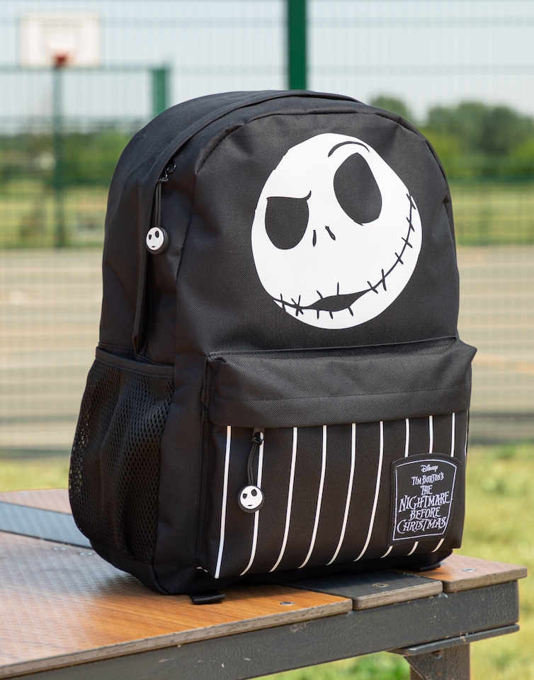 image 1 of Disney The Nightmare Before Christmas Jack Skellington Backpack | Black and White Stripes Design | Zip-Up School Bag for Back to School & Carrying Books | Disney Merch | Black | Black