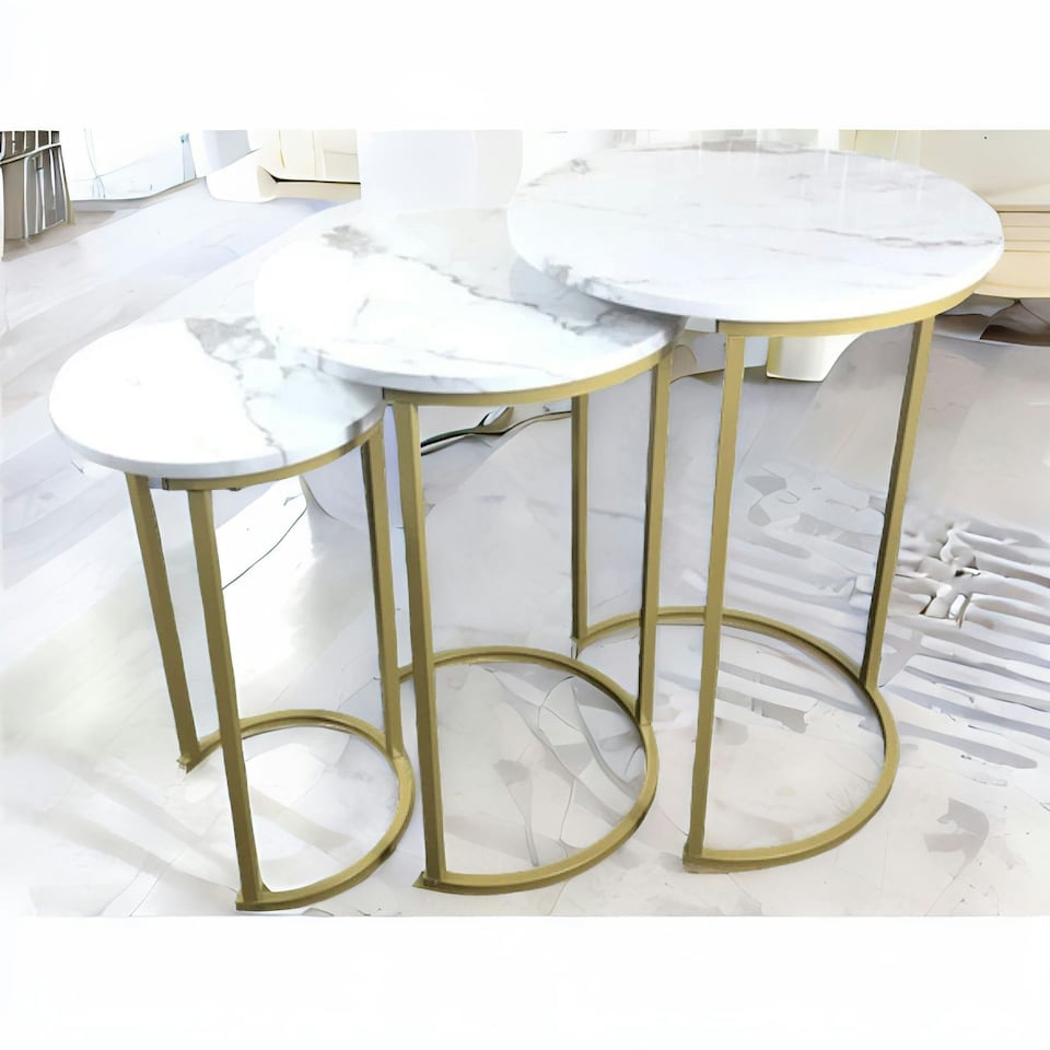 image 1 of Set Of 3 Gold Nesting Tables With Faux Marble Top White