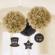 New Year Black & Gold Fluffy Hanging Decorations - Pack of 3
